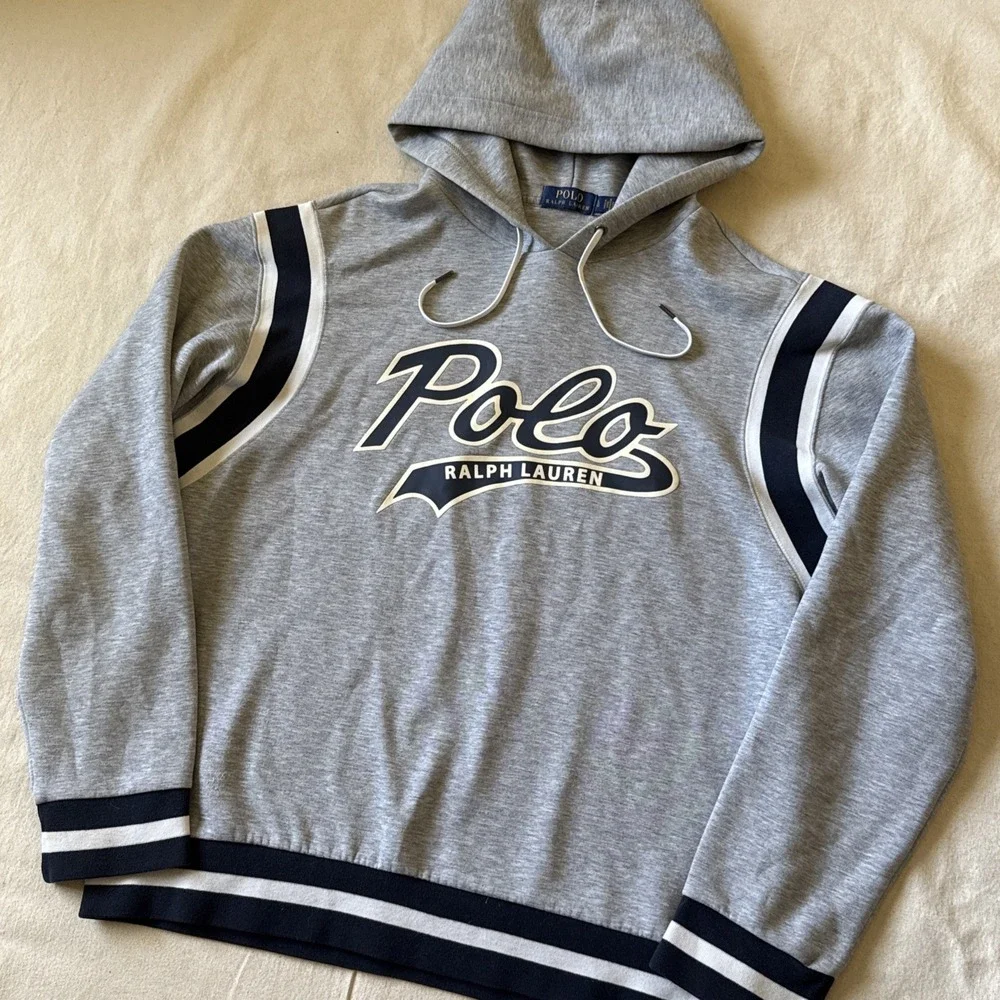 Polo Ralph Lauren Hoodie Mens Sz Large Grey Blue Script Spell Out Varsity RL*